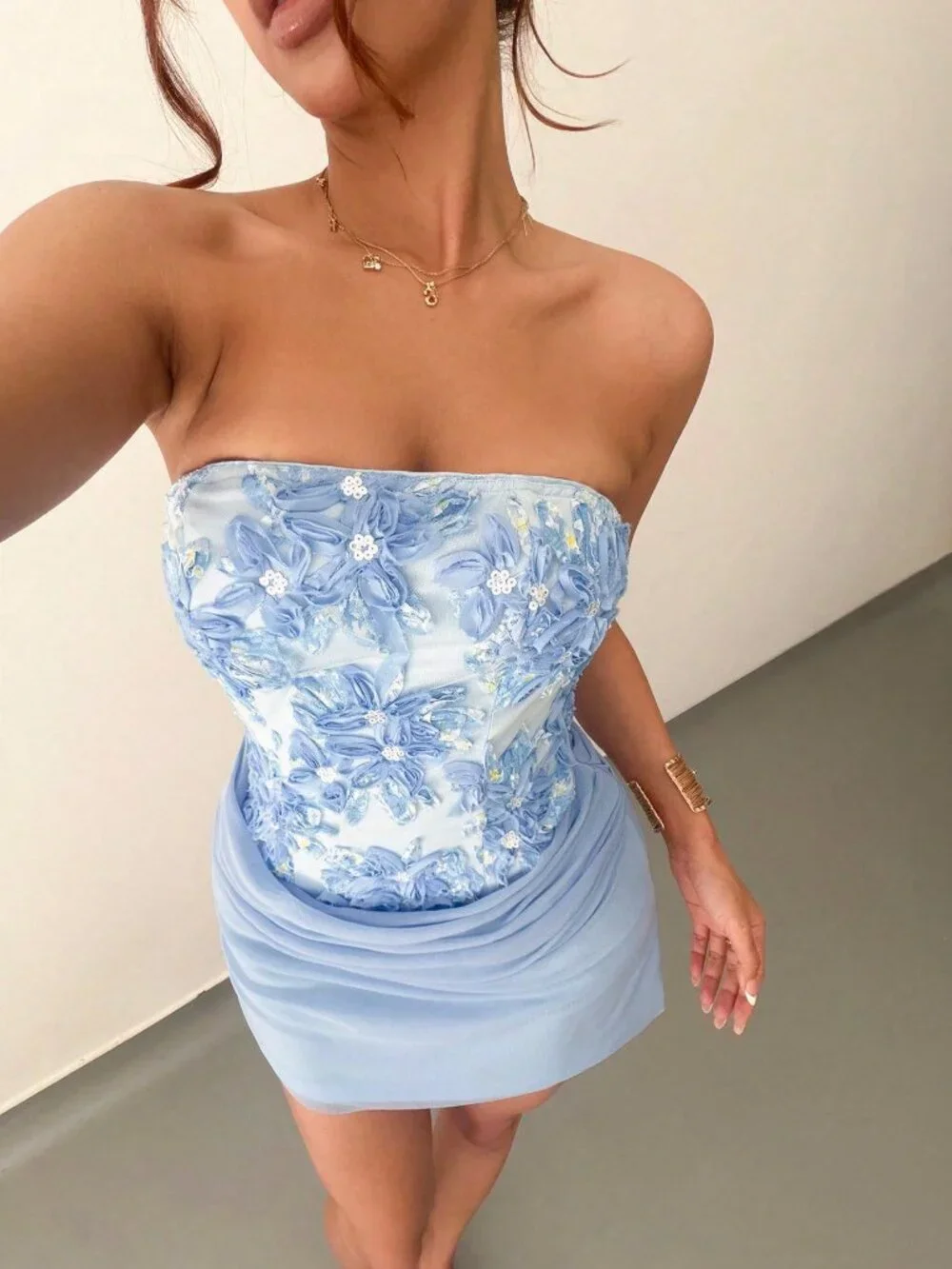 Blue Sexy Women's Elegant 3D Floral Mini Beach Dress - Picture 4 of 6